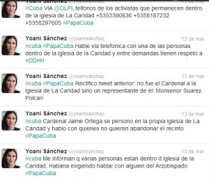 Tweets di Yoani Sanchez in cui fornisce i numeri telefonici per contattare gli occupanti della Chiesa