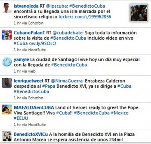 Un istante dell'intensità dei messaggi pubblicati con l'etichetta #BenedictoCuba in Twitter la mattina di questo 26 marzo 2012